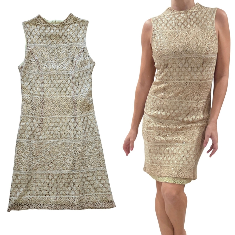 Vintage 80s Onyx Nite Metallic‎ Gold Crochet Lace Dress Sz 6 Sleeveless Shimmer